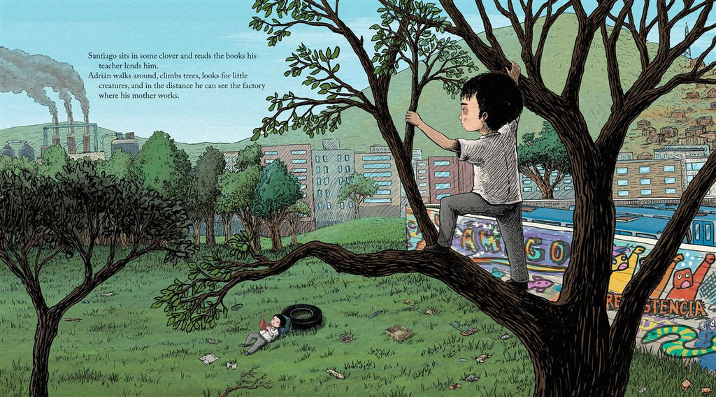  A grassy lot is surrounded by trees, buildings, and a graffiti wall. A boy with light skin tone in a uniform stands in the branches of a tree looking out to the buildings. He has a black eye. On the grass, another boy lies down reading against his backpack, which is propped against a tire. Garbage is littered in the grass. The text says a teacher loaned the book to the boy who is reading. The boy in the tree looks for little animals, and he can see a factory where his mother works. 
