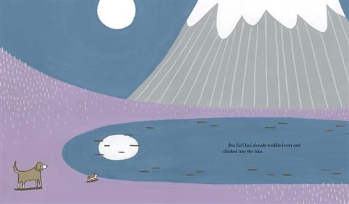  A tall grey mountain is beside a pool of water surrounded by purple grass. A brown and white dog and a hedgehog stand beside the pool of water. Text: But Earl had already waddled over and climbed into the lake. 