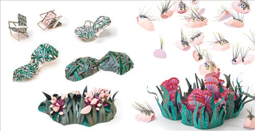  This image is a double page spread. To the left, through a series of six photographic scenes, a small paper lawn chair transforms into a small patch of paper grass with pink flowers. To the right the patch of paper grass with pink flowers has blossomed. The grass is greener and the flowers are open into paper fans. Small paper bugs that are pink and round with yellow spots and feathers on their backs congregate around the grass. 