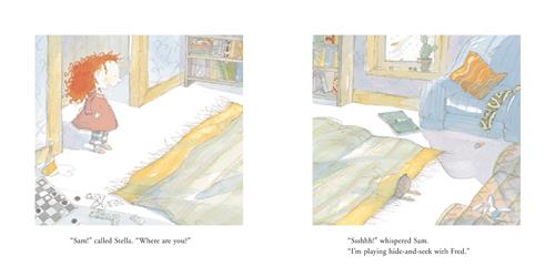  This image is a double page spread. To the left is a room with a rug and games on the floor like checkers and dominoes. To the side is a bookshelf. A girl with light skin tone and red hair stands in the entrance to the room. To the right is the rest of the room with two couches and a window. The bottom half of a child sticks out from under the rug. Text: “Sam!” called Stella. “Where are you?” “Ssshhh!” whispered Sam. “I’m playing hide-and-seek with Fred.” 
