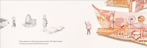  This image is in shades of black and white. This image is a double page spread. To the left, a boy goes through a yard to a sidewalk. On the sidewalk is a girl. She points at a red leaf in the gutter. Text: Viola pointed to a leaf in the gutter and said, “The ship’s leaving! Let’s hop on and go find the buried treasure.” To the right, a red ship shaped as a leaf is made of a collage of fences, railings, and parts of buildings. The girl hangs from the side. The boy stands beside the ship. 