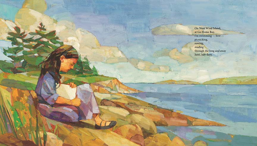  A man with medium light skin tone stands in front of trees. He is wearing a red shirt. The text says that his name is Mr. Thomson and he stands tall on the dock. Helen’s father introduces them. She shakes his strong, paint-stained hands and he says to call him Tom. He smells like campfires and the outdoors. 