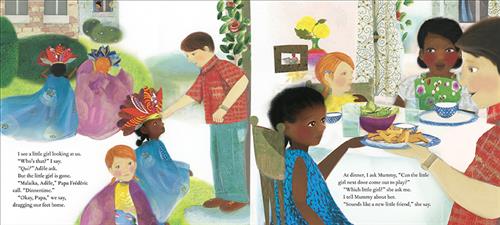  This image is a double page spread. To the left are two scenes. First, two girls have blue and purple capes. They see a girl’s face in a front window. Second, a man with light skin tone reaches out to them. The text says they see a girl watching them. Their father calls them for dinner. To the right, a woman and a girl with dark skin tone, and a man and a girl with light skin tone sit at a table. The text says she asks if the girl next door can play, but her mother doesn’t know a girl next door. 