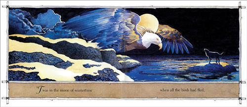  It is nighttime. A rocky shore extends into water. A wolf stands on a rock in the water off the shore. The clouds in the sky turn into the wings of a giant eagle. It flies past the full, yellow moon. Text: ‘Twas in the moon wintertime when all the birds had fled. 