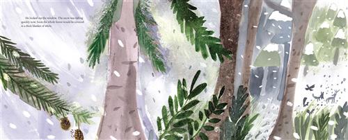  It is nighttime. It is snowing in a forest. Wind swirls the snow through the air. Animal tracks are in the snow leading to the silhouettes of a group of animals further in the woods. Text: He looked out the window. The snow was falling quickly now. Soon the whole forest would be covered in a thick blanket of white. 