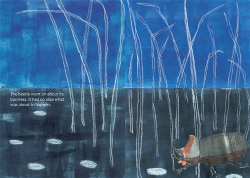  White blades of grass are against a blue sky and black ground. White circles are on the ground. A black beetle with red stripes walks along the ground. Text: The beetle went on about its business. It had no idea what was about to happen. 