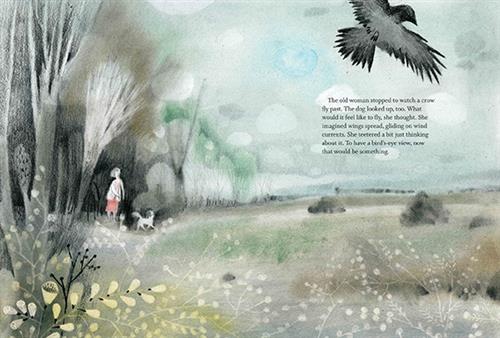  A forest lines the edge of a wide clearing. At the edge of the forest looking out into the clearing is a woman in a pink dress and a grey cardigan. A grey dog is walking in front of her. Flying above the clearing is a black crow. Text: The old woman stopped to watch a crow fly past. The dog looked up, too. What would it feel like to fly, she thought. She imagined wings spread, gliding on wind currents. She teetered a bit just thinking about it. To have a bird’s-eye view, now that would be something. 