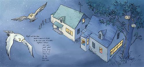  It is nighttime. Two houses sit beside each other. Children of different skin tones look out of the lit windows of each house. A tree grows beside one, and two owls sit in the branches. Two owls fly in the air above. The ground is blue with stars. Text: Night owl hoo-hoos weave a musical strain to the click-click of crickets’ rhythmic refrain. Shh-shh glint-glint pring-pring tra-la-la snap-snap tip-tap hoo-hoo click-click. 