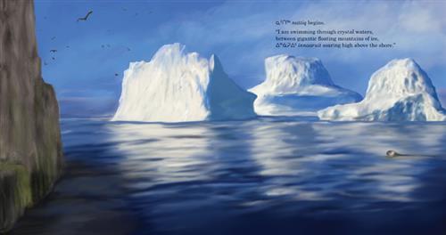  Glaciers rise out of dark blue water. A cliff rises on the far side. A grey seal swims with its head above the water. Birds fly in the sky above. Text: nattiq begins. “I am swimming through crystal waters, between gigantic floating mountains of ice, innaaruit soaring high above the shore.” 