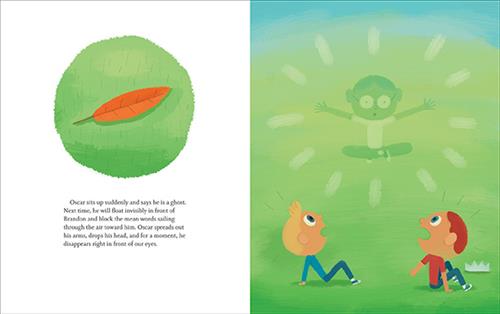  This image is a double page spread. To the left is an orange leaf on a green background. To the right, two boys with light skin tone sit in grass. One is blond and the other has red hair. They look up with wide eyes and open mouths. Above them is a boy with medium skin tone and black hair. He is see-through and has his legs crossed and his arms out. A light blue crown is on the ground. 