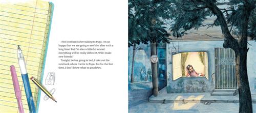  This image is a double page spread. To the left is a notebook and writing supplies. The text says the girl is confused after speaking to her dad. She is happy she will see him, but is worried about things changing and making new friends. She writes to him, but tonight she doesn’t know what to write. To the right, it is nighttime. There is a small home on a corner. The window is open and there is a girl with medium light skin tone. She rests her head in her hand on the windowsill. Trees cover the night sky. 