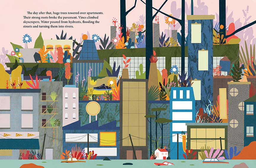  This image is a double page spread. To the left are a man and a boy with light skin tone lying down on beach towels. On a towel beside them is the back half of a large, black animal with a tail. To the right is a flooded street with cars in the water. A woman with light skin tone rows a boat through the street. Around her are lily pads. Across the street is a white staircase covered in plants. An elevator is at the base of the stairs with a grey sloth hanging from the ceiling inside. 