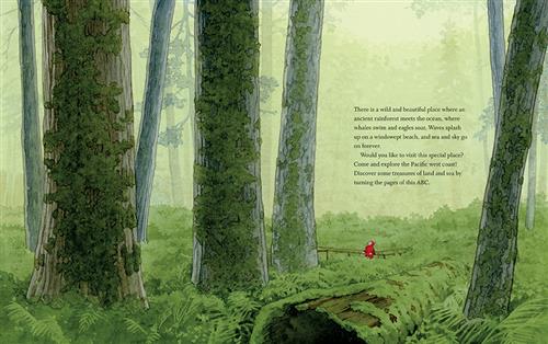  A forest has tall trees with thick, mossy trunks. The ground is covered in ferns and mossy logs. The air is a misty green. A child in a red coat is on a walkway. Text: There is a wild and beautiful place where an ancient rainforest meets the ocean, where whales swim and eagles soar. Waves splash up on a windswept beach, and sea and sky go on forever. Would you like to visit this special place? Come and explore the Pacific west coast! Discover some treasures of land and sea by turning the pages of this ABC. 