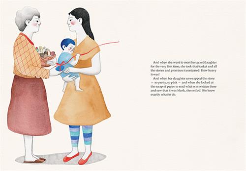  Two women with light skin tone stand beside each other. One holds a baby. The other carries a full basket and holds out a blue packet with a long red ribbon around it. Text says that the woman goes to meet her granddaughter for the first time and brings the basket. It is heavy and carries stones and promises. The daughter unwraps it and the scrap of paper inside is empty, but she knows what to do. 