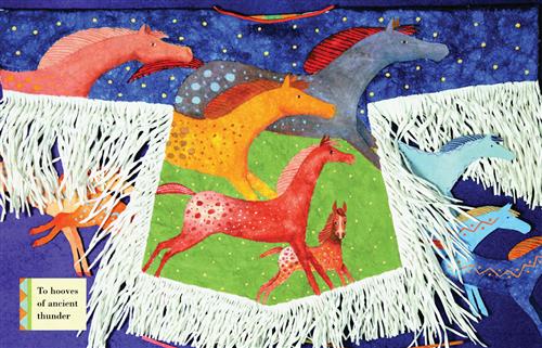  A shirt is spread out. On it are red, yellow, and grey horses running in the grass on a starry night. Under the sleeves and the bottom hem of the shirt are lined in white fringe. Behind the shirt are drawings of blue and red horses. Text: To hooves of ancient thunder. 