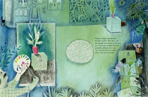  Plants are in a room with green walls and lights. Paintings of plants are on the walls. A girl with light skin tone and three animals draw at a table. A man with light skin tone has a canvas and paints a cabinet from the other end of the room with a plant that has faces on its leaves. Text: We grew bigger, and the pot became smaller. Now there was not enough room for us in the rosy pot. Your roots couldn’t breathe properly, and you were sad. You wanted to be in a better place, and you were right. 