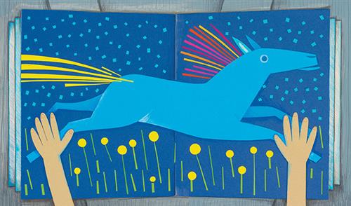  A pair of hands with light skin tone are holding open a book. On the open pages is a spread of a blue horse. The horse is galloping in a field on a starry night. The horse has a yellow, pink, and red mane, and a yellow tail. 