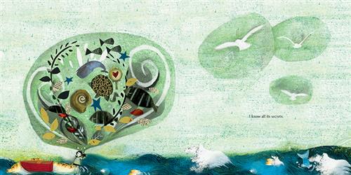 A girl with light skin tone stands on a rock in the middle of the sea. Beside her is a red boat. She is holding a small box and a large bubble is expanding out of it. Inside of the bubble are whales, fish, shells, leaves, and swirls of water. Three other bubbles float through the air, each with a seagull inside. Text: I know all its secrets. 