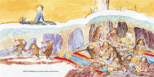  A small hill is covered in snow. A tree is on the hill. A child sits in the snow under the tree. Beneath the snow, there is an underground family of fourteen moles. The moles are eating and drinking with each other on a colourful striped rug. Three moles dance with each other off to the side. Text: Moles drinking ice-cream sodas and iced tea. 
