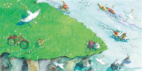  A rocky cliff with a grassy top extends out into open water. In the water are boats, kayaks, and birds. On the cliff is a cat in plaid pants lying on its stomach. Behind him is a bike, a fishing pole, and a basket with a fish in it. 