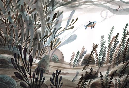  Underwater, a fish swims close to the sandy bottom. Various sea plants sway in the current around him. A musical note swirls in the water ahead of the fish. 