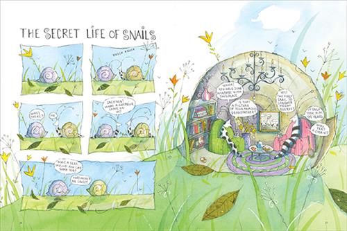  5 comic panels show 2 snails in grass, one with a purple shell and one with a green shell. 1st is the purple one. 2nd and 3rd are both snails. The green one is out of its shell. Text: Knock knock. Text: Who’s there? Me. 4th, they look at each other. Text: Jackson! What a surprise. Come on in! 5th is both shells. Text: Have a seat. Would you like some tea? That would be lovely. Inside, a room has a chandelier, armchairs, and a bookshelf. The snails sit. Text: Whoa! You have done wonders with this place. 