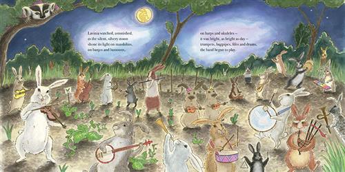  It is night. A garden is surrounded by trees, grass, and bushes. Produce grows in it. 27 rabbits of different colours and sizes are in the garden. They play instruments like drums, fiddles, bagpipes, ukuleles, cellos, and more. A badger watches them from above in a tree branch. Text: Lavinia watched, astonished, as the silent silvery moon shone its light on mandolins, on banjos, and bassoons, on harps and ukuleles—it was bright, as bright as day—trumpets, bagpipes, fifes and drums, the band began to play. 