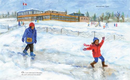  An icy sidewalk is surrounded by snow outside of a school yard. A child and an adult walk along the sidewalk. The child has their hands in the air. They are both wearing winter clothes and accessories. Children play on a playground in the school yard. Text: On a gray afternoon in December, Ma and I walk homes from school. Well, she walks. I glide! 