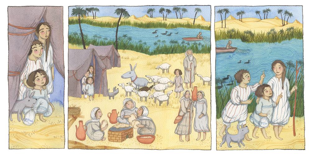  The image is divided into three panels. Panel 1: Two girls and a boy with medium-light skin tone, brown hair and pale tunics emerge from a tent in the desert with a gray dog. The dog carries a white bag in its mouth with the word “Afikomen” on it in Hebrew. Panel 2: The children and dog look out at a donkey and herd of sheep tended by shepherds and women making bread and chatting. Palm trees, a river and pyramids are in the background. Panel 3: The three children and dog walk along the sandy river shore. 