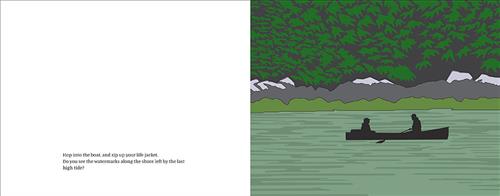  A dense line of trees lines a rocky shore. Against the rocks of the shore are the green markings of a higher tide. The water is green. In the water is the silhouette of a canoe. Two people sit in the canoe. Text: Hop into the boat, and zip up your life jacket. Do you see the watermarks along the shore left by the last high tide? 