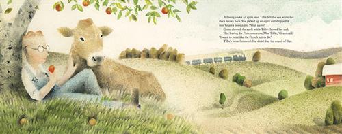  Under an apple tree is a man with light skin tone in overalls and a cow. He has an apple and pets the cow. A train is in the distance. Text: Relaxing under an apple tree, Tillie felt the sun warm her sleek brown back. She picked up an apple and dropped it into Grant’s open palm. What a cow! Grant chewed the apple while Tillie chewed her cud. “I’m leaving for Paris tomorrow, Miss Tillie,” Grant said. “I want to paint like the French artists do.” Tillie’s brow furrowed. She didn’t like the sound of that. 