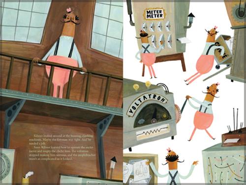  This image is a double page spread. To the left, a man with dark skin tone in pink pants with suspenders stands on a raised platform and leans against a railing. The text says he looks around at machines. He learns to operate them, and they stopped making him nervous. To the right, the man tries to work a series of large machines, one named Meter Meter and another named Voltatron. 