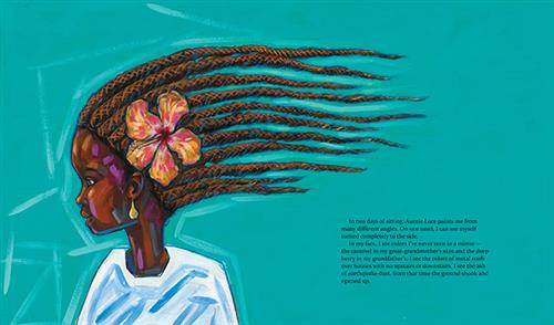  A girl has dark skin tone and braids. A large flower is above her ear. Text: in two days of sitting, Auntie Luce paints me from many different angles. On one easel, I can see myself turned completely to the side. In my face, I see colours I’ve never seen in a mirror — the caramel in my great-grandmother’s skin and the deep berry in my grandfather’s. I see the colors of metal roofs over houses with no upstairs or downstairs. I see the ash of earthquake dust, from that time the ground shook and opened up. 