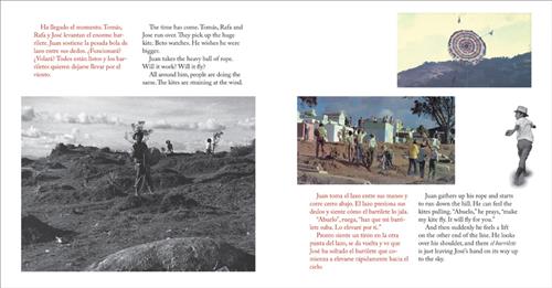  This image is a double page spread. To the left is a black and white photograph of a boy in a field. He holds a rope. To the right are two photographs. One is of people standing in a field beside a neighbourhood. The other is of a colourful, circular kite in the sky. Beside the photographs is an image of a boy in black and white. He runs and turns to look behind. 