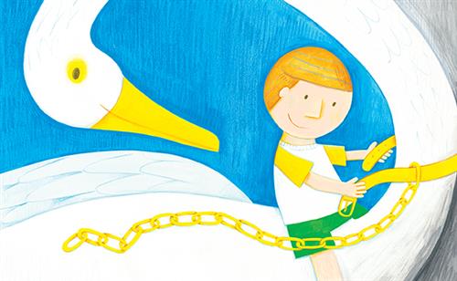  A boy with light skin tone and orange hair sits on the back of a large white swan. The swan has its head turn backwards to look at the boy. The boy is fastening a gold leash around the swan’s neck. A long gold chain hangs from the leash. 