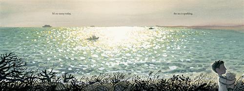  A grassy shore lines the sea. The water is sparkling from the sun. Ships look small on the water, and sail in different directions. A boy with light skin tone stands on the shore holding a paper bag. Text: It’s so sunny today, the sea is sparkling. 