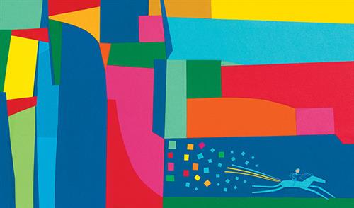  Abstract shapes cover the page in various bright colours like pink, blue, yellow, green, red, and orange. At the bottom of the page is a blue horse galloping on a green shape with a dark blue background behind it. A person is riding the horse. Colourful squares appear in the air behind the horse. 