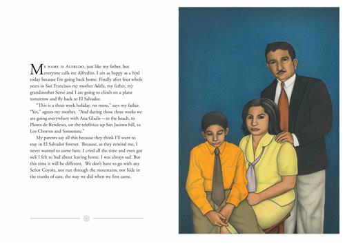 A man, woman, and boy with medium skin tone pose for a portrait in formal wear. The woman has the boy on her lap. The man is behind them with a hand on her shoulder. The text says Alfredito and his family are flying back home to El Salvador after four years in San Francisco. His parents say they are only going back for three weeks, because they think he’ll want to stay forever. He says he will be better this time because they won’t have to run through mountains or hide in car trunks like the first time. 