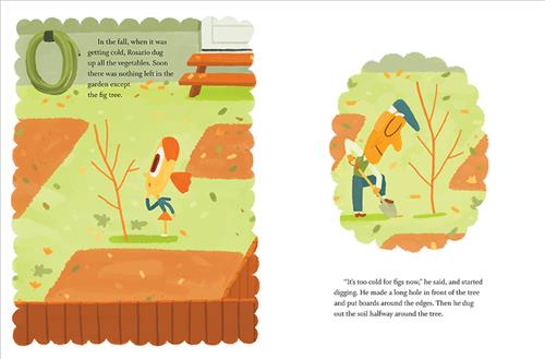  To the left is a backyard garden. A girl with medium skin tone is by a small bare tree. Text: In the fall, when it was getting cold, Rosario dug up all the vegetables. Soon there was nothing left in the garden except the fig tree. To the right is the bare tree. A man with medium skin tone digs around it. Text: “It’s too cold for figs now,” he said, and started digging. He made a long hole in front of the tree and put boards around the edges. Then he dug out the soil halfway around the tree. 