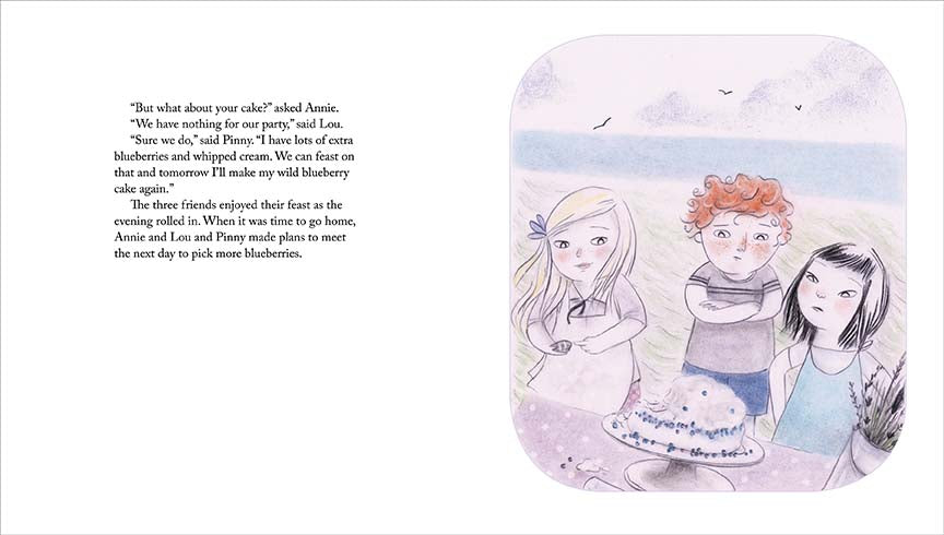 A field of grass has small blue flowers. Three children with light skin tone lie on the grass looking up into the cloudy sky. Three small baskets are around them. A boy points up to the sky. The text says seagulls swooped overhead, gliding up and down on the wind. “Look at those clouds,” said Pinny. The sky was enormous. They saw clouds that looked like feathers and fish and dragons. One cloud looked like a cake. It reminded them of the cake Pinny was going to bake. They headed off to Blueberry Hill. 