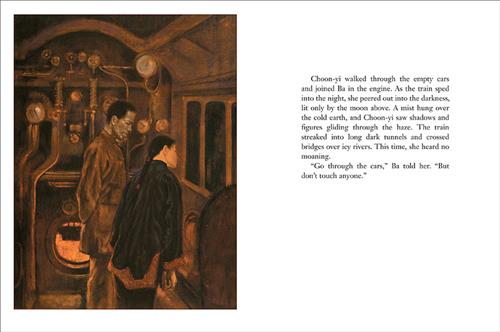  It is nighttime. A man who is grey in tone and a girl with medium light skin tone stand in the engine car of a train. They look out the window. The text says that Choon-yi goes through the train until she gets to the engine room where her father is. There is mist on the ground outside and she sees shadows and figures. She doesn’t hear moaning this time. Her father tells her to go through the cars, but not to touch anyone. 