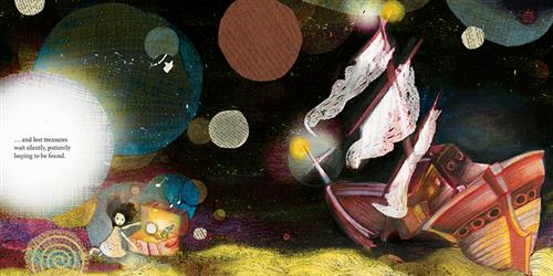  It is dark underwater and everything in the distance is black. A large ship lays crooked in the sand. A girl with light skin tone is on her knees in the sand and is looking into an open chest. The chest is glowing from the inside. Text: …and lost treasures wait silently, patiently hoping to be found. 