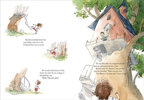  A boy with light skin tone runs from a tree fort ladder through a fence to a tree with spiral stairs. Text: Russell scrambled over to the backyard three houses away. He stood at the bottom of the better tree fort. It was so large, it blocked the sun. “Hello,” Russell called. To the right a boy with dark skin tone is on a porch above the spiral stairs. Text: The boy Russell’s size peered down at him. “I’m Russell.” He pointed over his shoulder. “That’s my tree fort.” “I’m Warren,” the boy said. “Come on up.” 