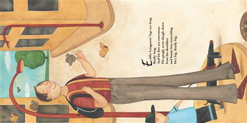  A boy with light skin tone stands at a street corner. He is almost as tall as the streetlight. Birds fly around him and one sits on his thumb. Behind him is a much shorter boy with light skin tone walking a black dog. Text: Eddie Longpants’ legs are long. Really long. And his feet are enormous. His gangly arms dangle down from his shoulders and bump into everything. He’s big. Really big. 