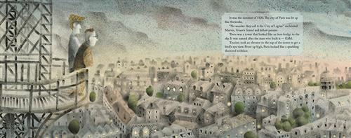  Two men with light skin tone by the ledge of an iron tower look at a city at night. Text: It was the summer of 1920. The city of Paris was lit up like fireworks. “No wonder they call it the City of Lights,” exclaimed Marvin, Grant’s friend and fellow painter. There was a tower that looked like an iron bridge to the sky. It was named after the man who built it — Eiffel. Tourists took an elevator to the top of the tower to get a bird’s eye view. From up high, Paris looked like a sparkling diamond necklace. 