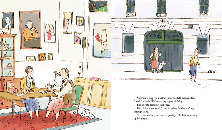  In a bedroom there is a large window with one pane open, a bed, a rug, and a sitting chair. A woman with light skin tone sits on the bed with her arms in the air. A white poodle stands against the ledge on a radiator under the window. The text says that Alice wakes up itchy because she dreamt of big bugs taking over Paris. She remembers that today is the last day of April- her birthday. She expects a day of surprises. 