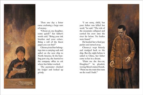  To the left, a girl with medium skin tone reads a letter at a table. To the right is a grey man looking down. The text says a letter came with money. Her father asks her to come quickly with her art supplies. She sails to North America and asks for him. The paymaster says he died last week when the mountain collapsed. He gives her his final pay. She weeps. Before she sails back to China she sees her father in a dream with bloody hands asking her to paint the train for the road he built. 