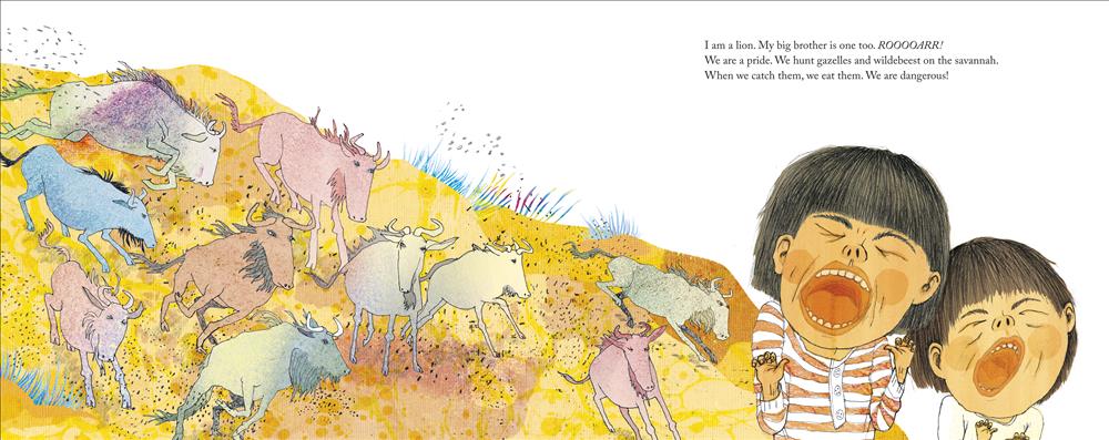  Two young brothers with light skin tone and brown hair in bowl cuts roar like lions, their hands curled up like claws, on the right side of the image. Behind them, ten colorful wildebeests gallop on a grassy yellow and orange savannah, kicking up dirt into the air as they run. Text: I am a lion. My big brother is one too. ROOOOARR! We are a pride. We hunt gazelles and wildebeest on the savannah. When we catch them, we eat them. We are dangerous! 