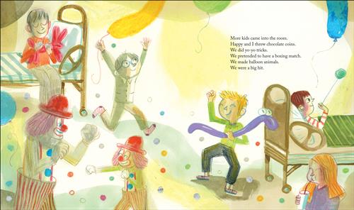  A room has two hospital beds. A boy sits on the edge of one bed with a balloon animal. A boy in the other bed plays with a yo-yo. Two children run around the room. One carries a balloon. The other has a balloon snake. A clown and a smaller clown are in the corner. They have their hands up in front of them. The small clown reaches a fist toward the large clown. Coloured circles fill the air. A girl is on the side with a drink. The text says the clowns were a hit with the kids. 