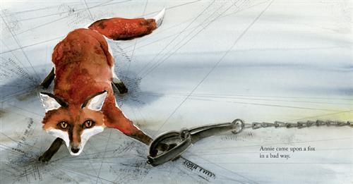  A fox stands crouched low. It has red fur with black paws and white on the tips of its tail, mouth, and ears. The fox has wide yellow eyes that are staring straight ahead. One of its front paws is caught in a black metal animal trap. Text: Annie came upon a fox in a bad way. 